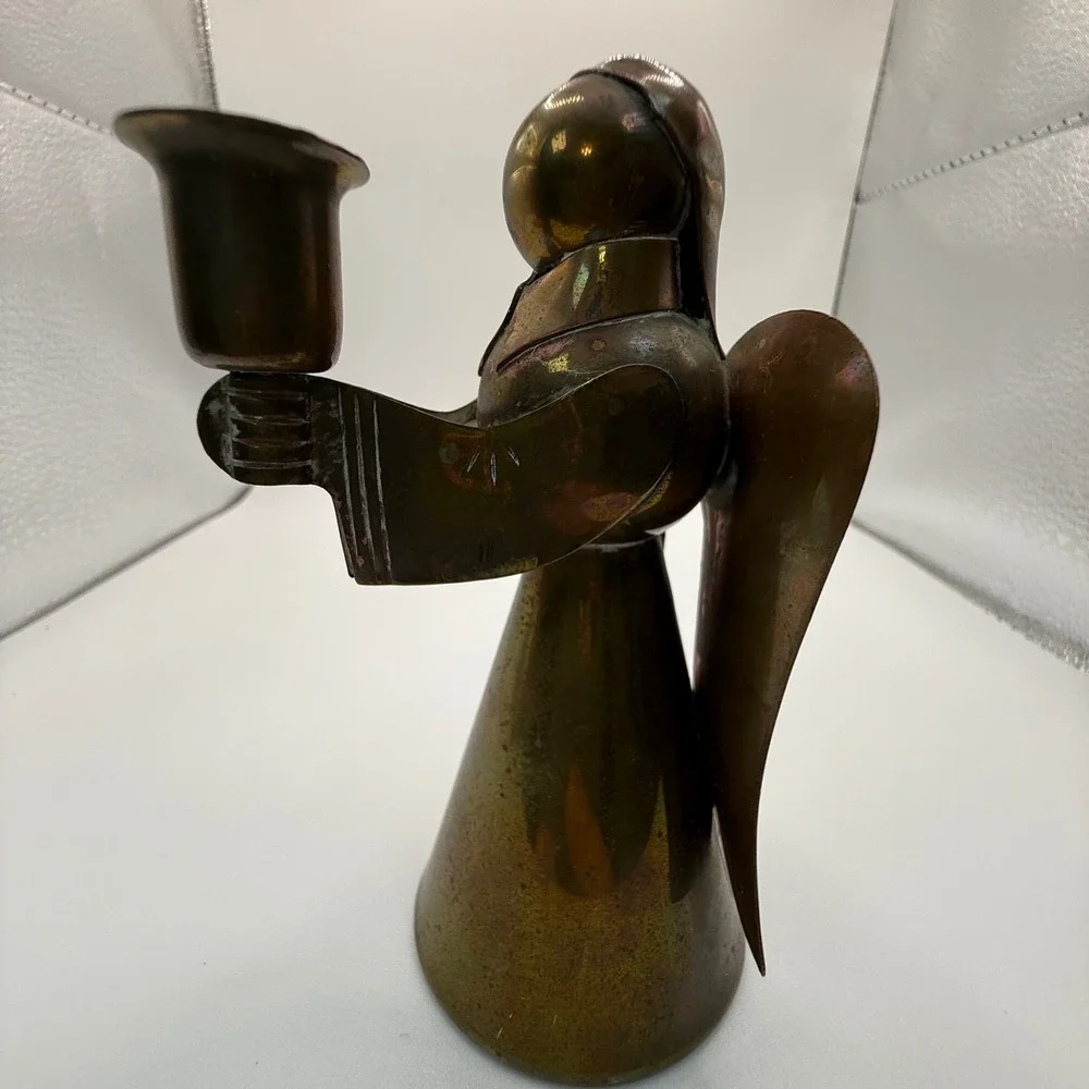 Vintage Brass Angel Candle Holder Figurine Hong Kong Religious Decor MCM